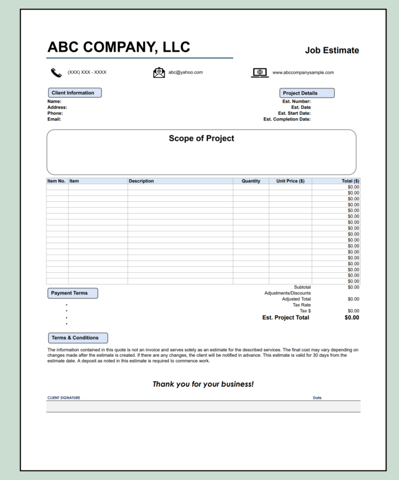214 A blank job estimate template with contact icons.