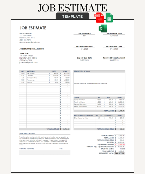 Job estimate template for a kitchen and bathroom remodel with materials listed beside the work: job dates and required deposit, description of work, labor, miscellaneous charges, adjustments, sales tax, estimated total and a signature line. PDF, Excel and Google Sheets.