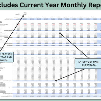 Current year monthly cash flow report: pick the year and start month, then enter cash flow data by month.