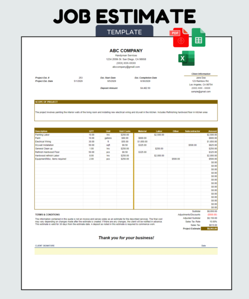 Job estimate template for a sample handyman company: project dates, deposit, client information, scope of project, line items split into material, labor, other and subcontractor costs, adjustments, sales tax and project estimate. PDF, Excel and Google Sheets.