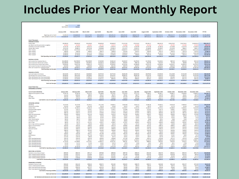 Prior year monthly cash flow report, set up with the same year and start month as the current year.