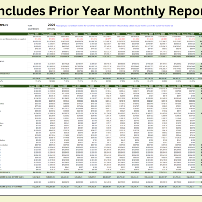 Prior year monthly profit and loss report, set up with the same year and start month as the current year.