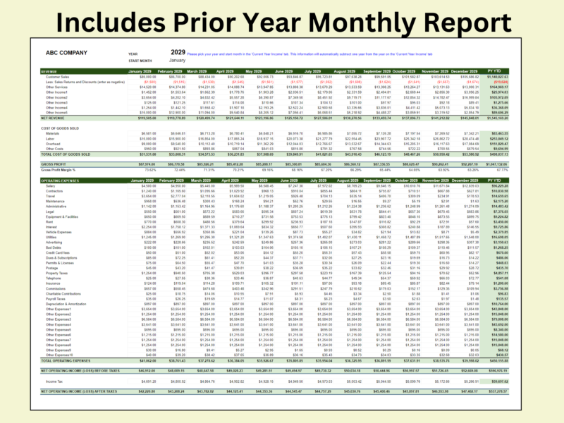 Prior year monthly profit and loss report, set up with the same year and start month as the current year.
