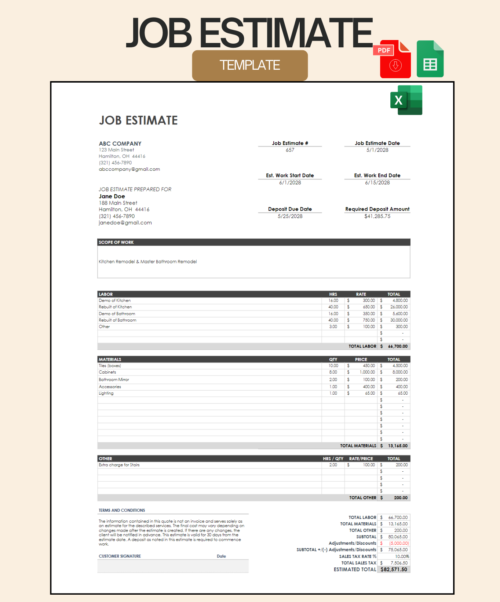 Job estimate template for a kitchen and bathroom remodel: job dates and required deposit, scope of work, labor, materials and other charges, adjustments, sales tax, estimated total and a signature line. PDF, Excel and Google Sheets.