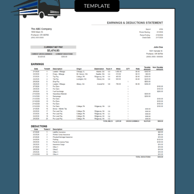 Trucking pay stub with taxable and non-taxable amounts: current net pay, gross earnings and deductions, earnings by date with ticket number, origin, destination, truck and miles, and deductions.