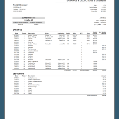 Trucking earnings and deductions statement with taxable and non-taxable amounts: current net pay, gross earnings and deductions, earnings by date with ticket number, origin, destination, truck and miles, and deductions.