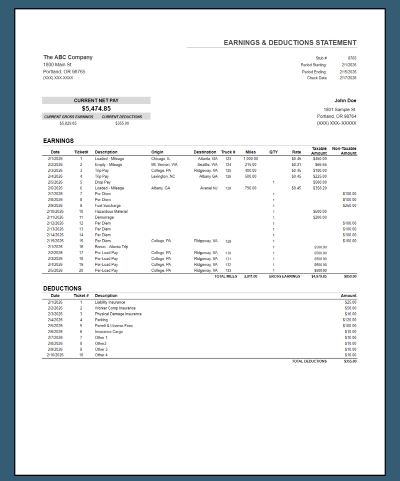 Trucking earnings and deductions statement with taxable and non-taxable amounts: current net pay, gross earnings and deductions, earnings by date with ticket number, origin, destination, truck and miles, and deductions.