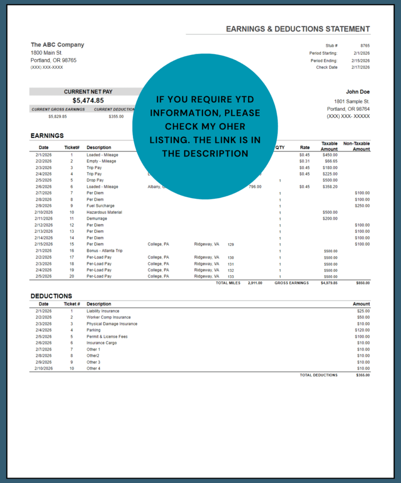 This statement does not include year-to-date information. A version with year-to-date totals is a separate listing linked in the description.