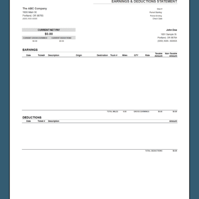 A blank trucking earnings and deductions statement template with taxable and non-taxable columns.