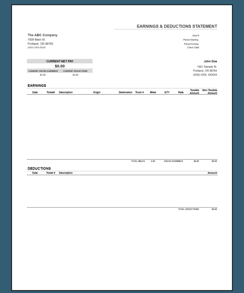 A blank trucking earnings and deductions statement template with taxable and non-taxable columns.