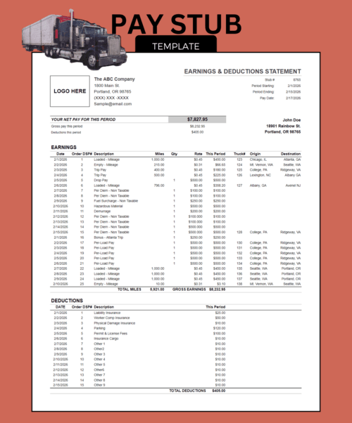 Trucking pay stub with a logo space: net pay for the period, earnings by date with mileage, trip, per diem, drop and per-load pay, truck, origin and destination, and deductions such as insurance and permits.
