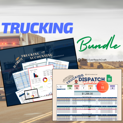 Trucking bundle: Ultimate Trucking Accounting and the Google Sheets trucking dispatch scheduler for up to 15 trucks a day.