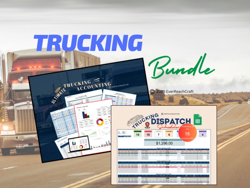 Trucking bundle: Ultimate Trucking Accounting and the Google Sheets trucking dispatch scheduler for up to 15 trucks a day.