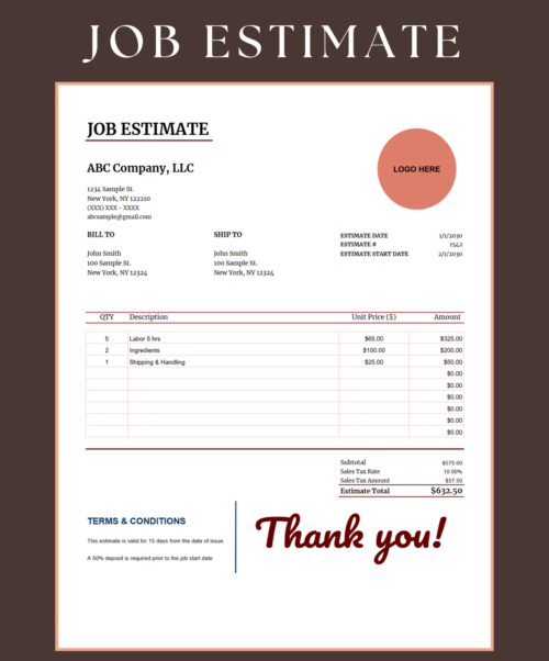 Job estimate template with a round logo space and estimate start date: bill-to and ship-to details, line items, sales tax, estimate total, terms and conditions and a thank-you note.