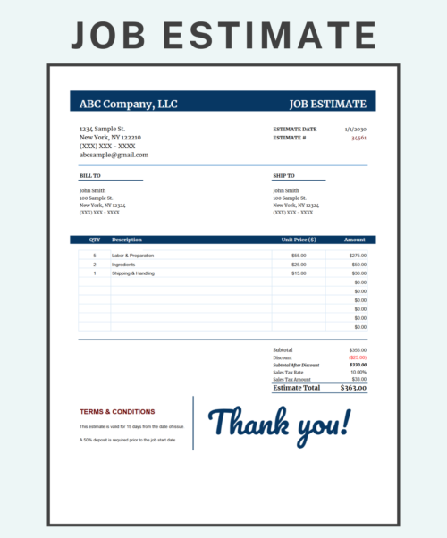 Job estimate template with a navy header: bill-to and ship-to details, line items with quantity and unit price, discount, sales tax, estimate total, terms and conditions and a thank-you note.