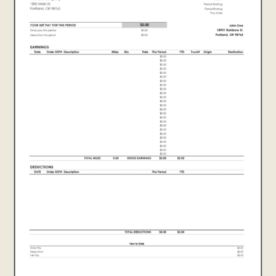 A blank trucking earnings and deductions statement template without a logo.