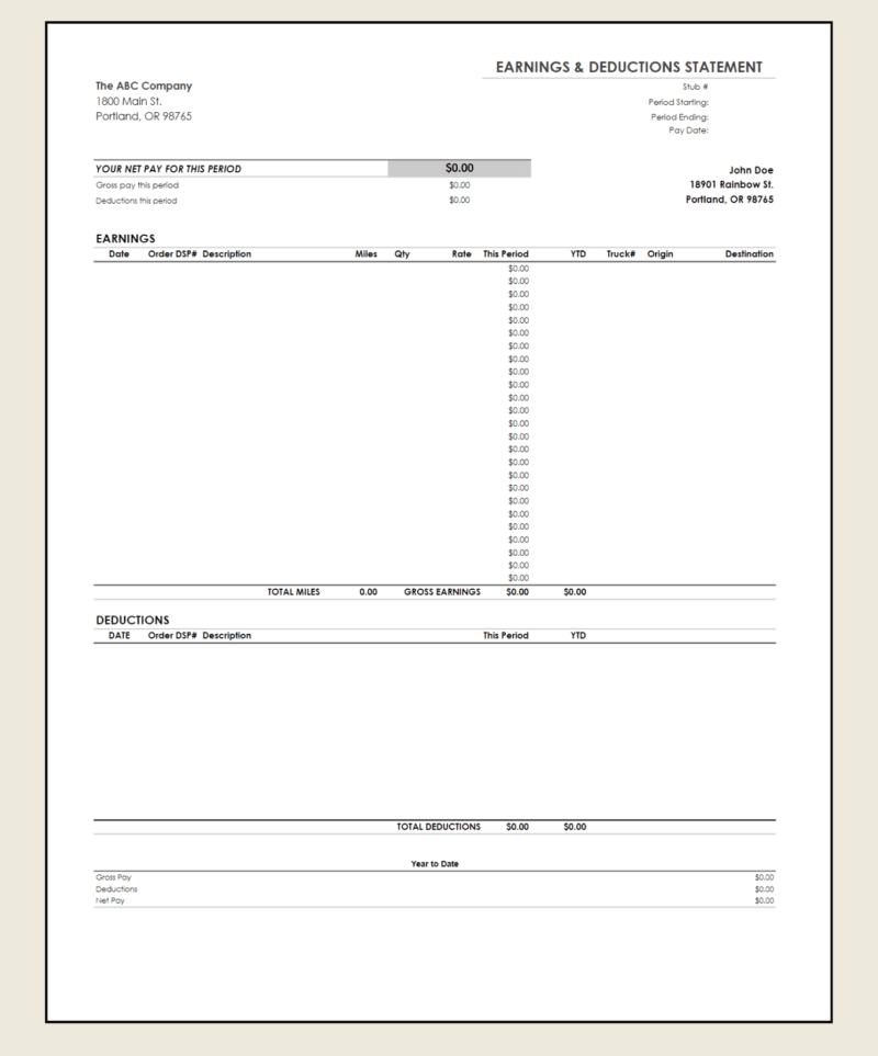 A blank trucking earnings and deductions statement template without a logo.