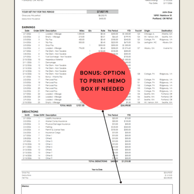 Bonus option: a memo box can be printed on the statement if needed.