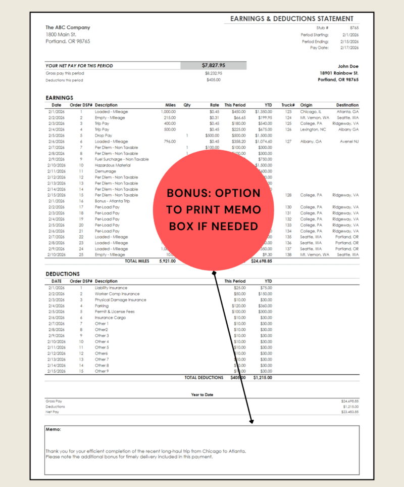 Bonus option: a memo box can be printed on the statement if needed.