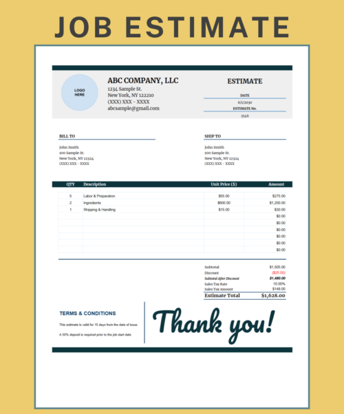 Job estimate template with a round logo space: bill-to and ship-to details, line items, discount, sales tax, estimate total, terms and conditions and a thank-you note.