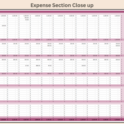 Personal cash flow expense section close-up: housing, transportation, daily living, entertainment, health and vacation expenses by month, with yearly totals.