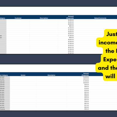 Income ledger and expense ledger: enter each income and expense with date, type, category, customer or vendor, description and amount; the spreadsheet does the rest.