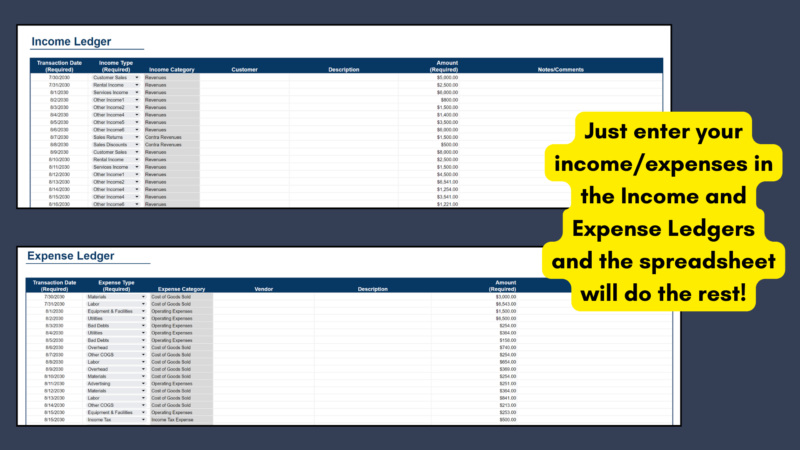 Income ledger and expense ledger: enter each income and expense with date, type, category, customer or vendor, description and amount; the spreadsheet does the rest.