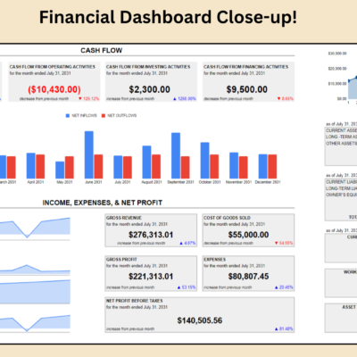 284 Close-up of the financial dashboard: cash on hand and cash flows, a monthly inflows and outflows chart, income, cost of goods sold, gross profit, expenses and net profit, total assets and liabilities, current ratio, working capital and asset to equity ratio.