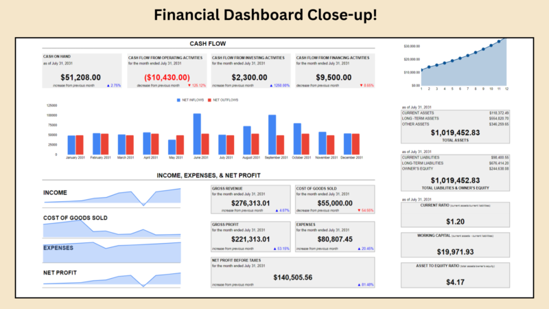 284 Close-up of the financial dashboard: cash on hand and cash flows, a monthly inflows and outflows chart, income, cost of goods sold, gross profit, expenses and net profit, total assets and liabilities, current ratio, working capital and asset to equity ratio.