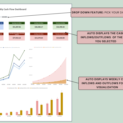 307 Cash flow dashboard: pick a date to see that day's net change in cash, operating, investing and financing inflows and outflows, and weekly charts of cash inflows and outflows.