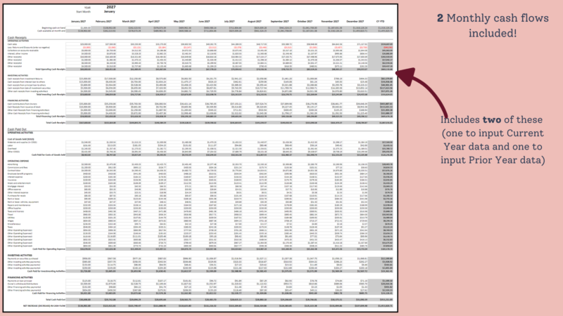 Two monthly cash flow statements are included, one for the current year and one for the prior year.