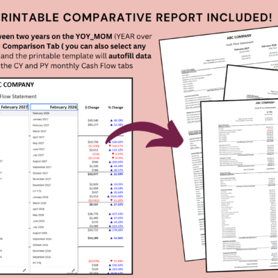Printable comparative cash flow report: select any month or year to date across two years, or two months in the same year, and the report fills in from the monthly cash flow tabs.