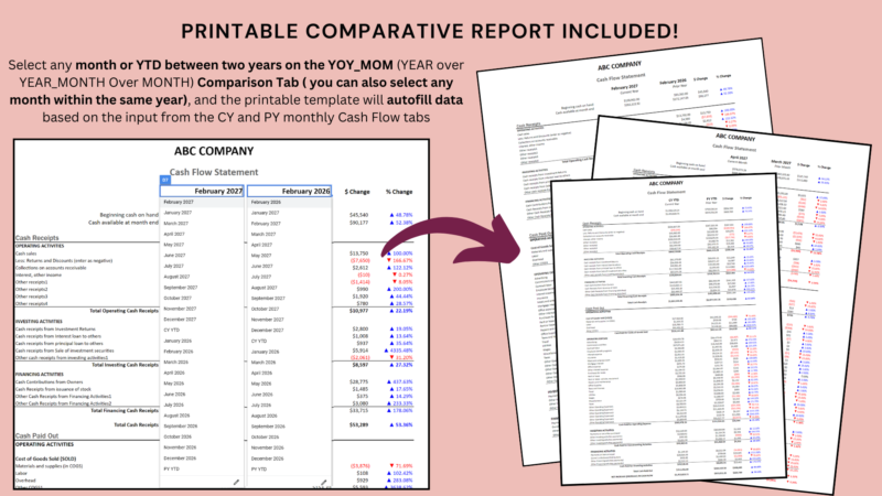 Printable comparative cash flow report: select any month or year to date across two years, or two months in the same year, and the report fills in from the monthly cash flow tabs.