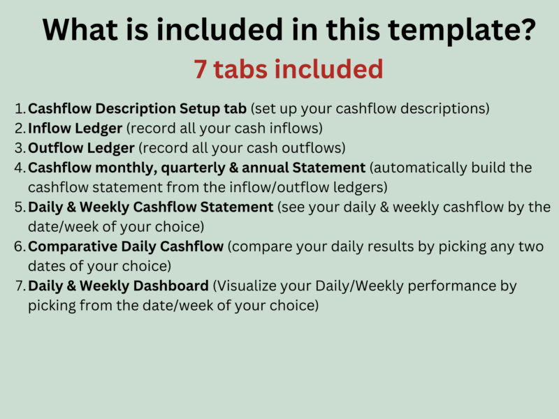 311 What's included, 7 tabs: cash flow description setup, inflow ledger, outflow ledger, monthly, quarterly and annual statement, daily and weekly statement, comparative daily cash flow, and the daily and weekly dashboard.