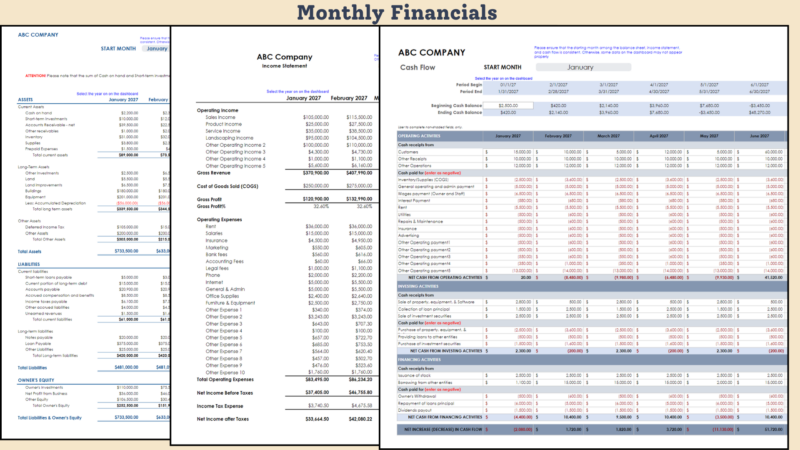 315 Monthly financial tabs for a sample company: balance sheet, income statement and cash flow statement by month.