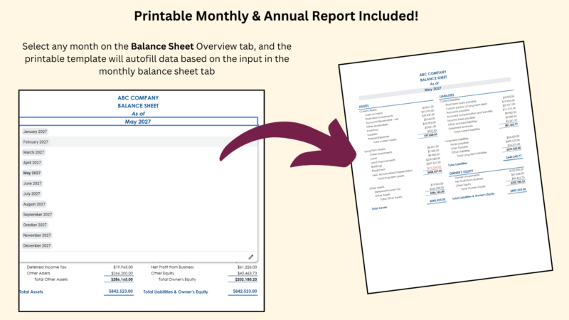 316 Printable balance sheet: choose a month and the report fills in from the monthly balance sheet tab.