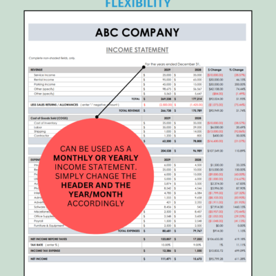Income statement comparison that can be used monthly or yearly by changing the header and the year or month.