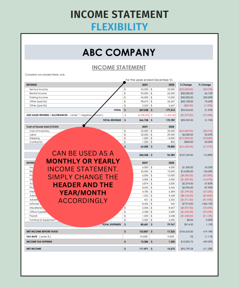 Income statement comparison that can be used monthly or yearly by changing the header and the year or month.