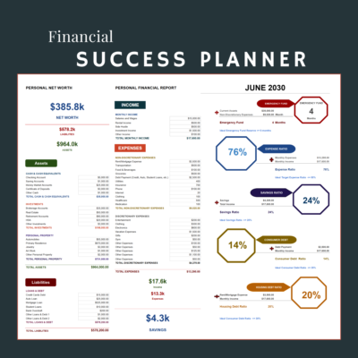 32 Financial success planner for a chosen month: personal net worth with assets and liabilities, a personal financial report of income and expenses, monthly savings, and ratios for the emergency fund, expenses, savings, consumer debt and housing debt.