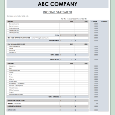 A blank income statement comparison template.