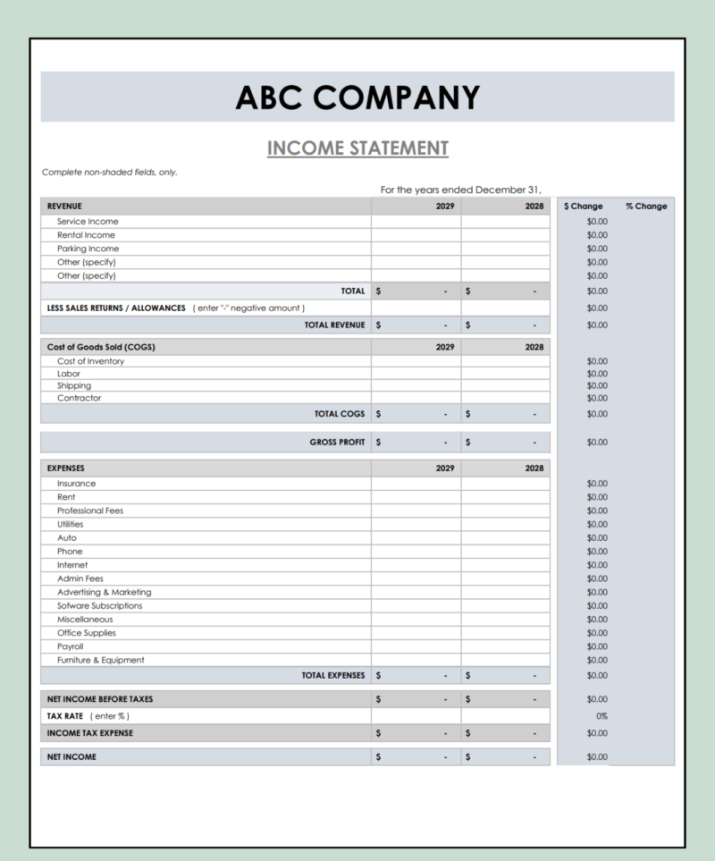 A blank income statement comparison template.