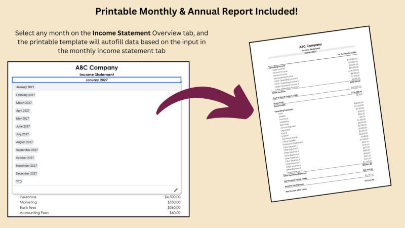 320 Printable income statement: choose a month or year to date and the report fills in from the monthly income statement tab.