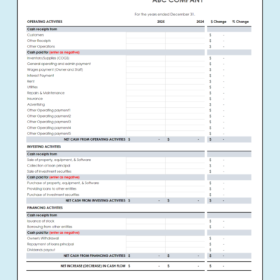 A blank cash flow statement comparison template.
