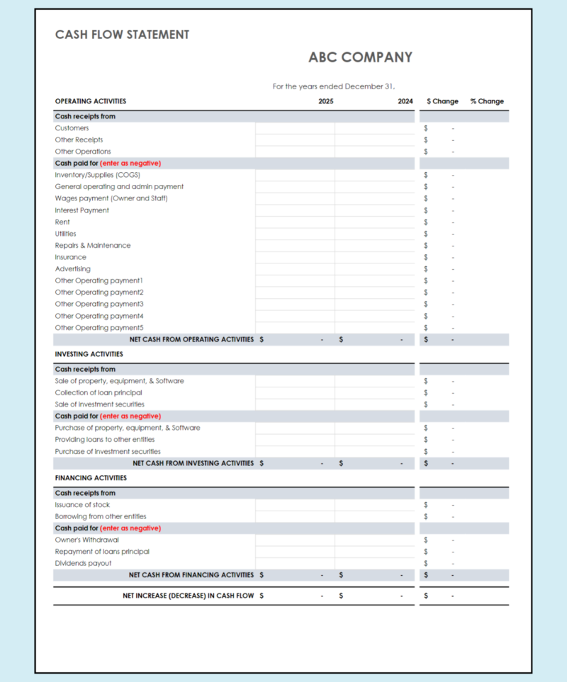A blank cash flow statement comparison template.