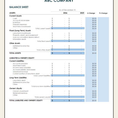 A blank balance sheet comparison template.
