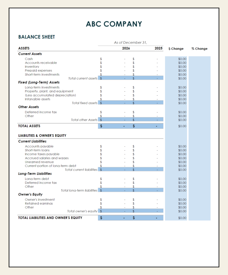 A blank balance sheet comparison template.