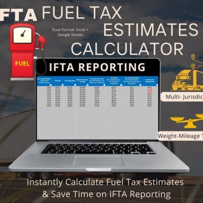 IFTA fuel tax estimate calculator shown on a laptop: the IFTA reporting sheet with taxable gallons, tax rates and tax owed by jurisdiction, plus a weight-mileage tracker. Excel and Google Sheets.