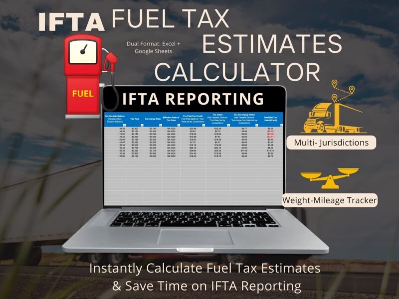 IFTA fuel tax estimate calculator shown on a laptop: the IFTA reporting sheet with taxable gallons, tax rates and tax owed by jurisdiction, plus a weight-mileage tracker. Excel and Google Sheets.