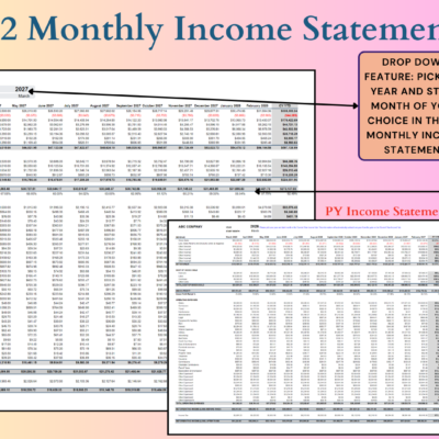 333 Includes 2 monthly income statements, current year and prior year: pick any year and start month; gross margins are calculated.
