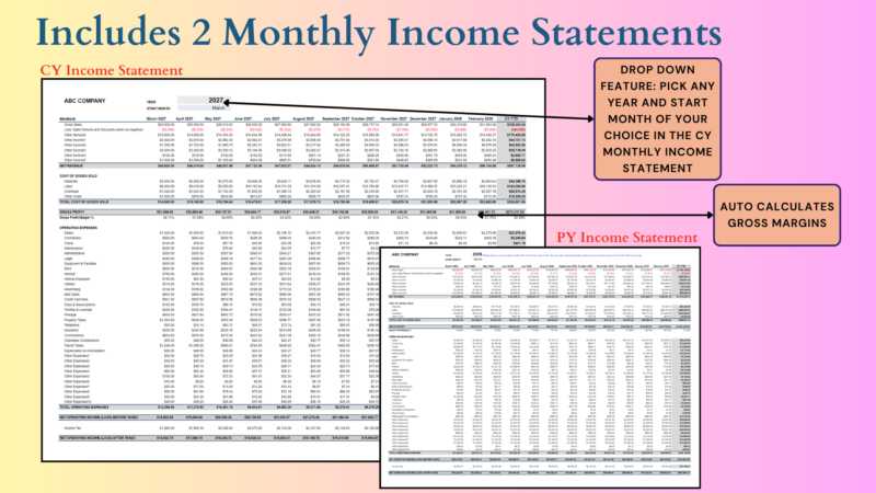 333 Includes 2 monthly income statements, current year and prior year: pick any year and start month; gross margins are calculated.